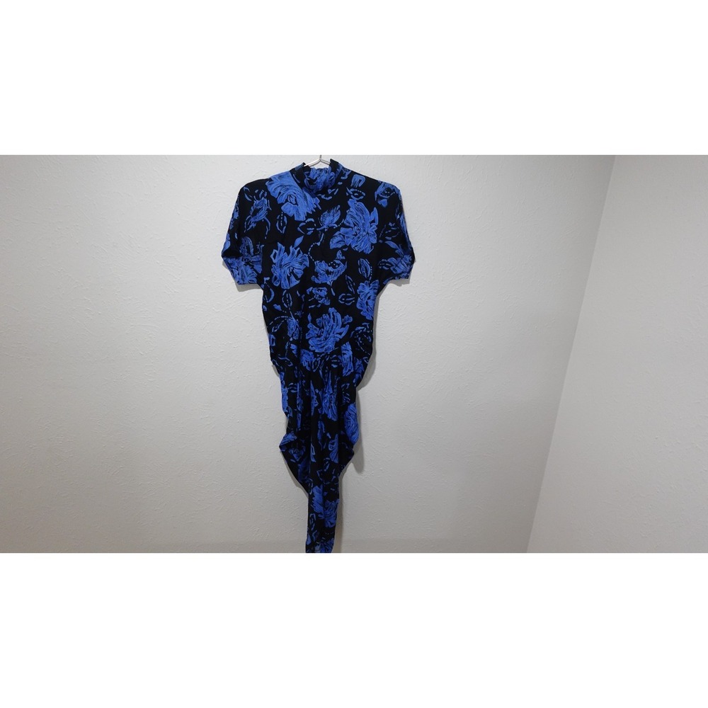VINTAGE HEARTS BRAND BLUE FLORAL PRING MOCK NECK RUCHED BODYCON DRESS
